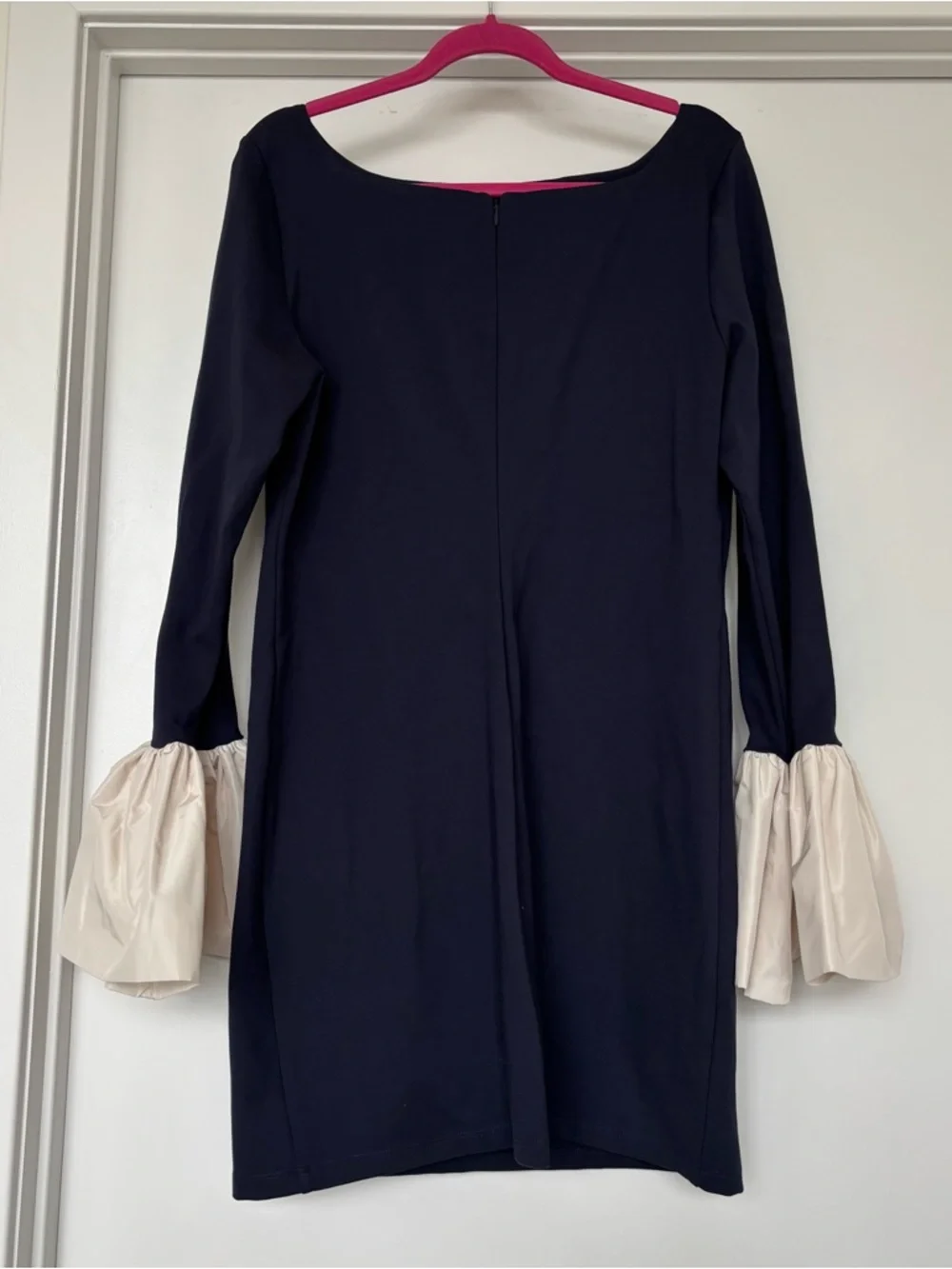 STAUD Hawthorne Navy Mini Dress with Cream Ruffle sleeve - Picture 4 of 5
